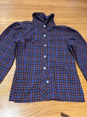 Vintage Sears Girls' Navy & Red Plaid Button-Up Top with Ruffle Collar size 8
